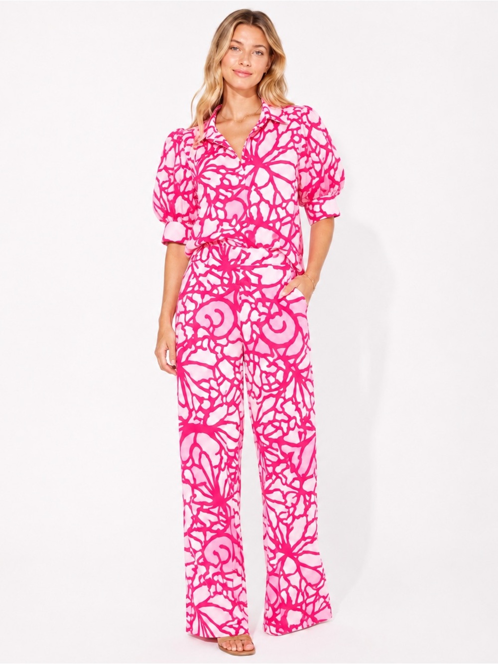 Jude Connally Trixie Wide Leg Pants Top Set Pink Floral L/XL Stretchy Made USA